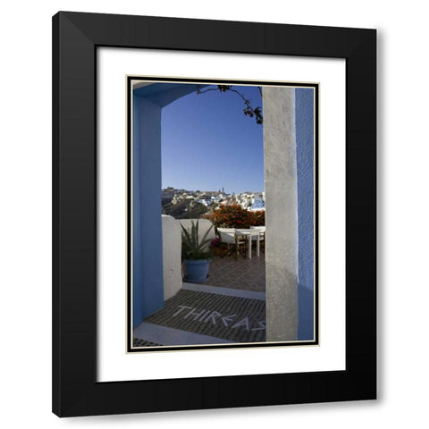 Greece, Santorini Doorway to balcony tables Black Modern Wood Framed Art Print with Double Matting by Young, Bill