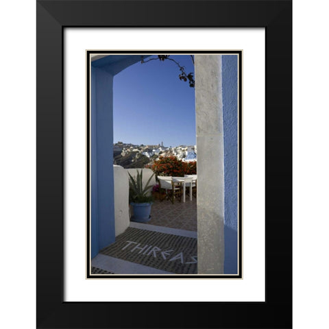 Greece, Santorini Doorway to balcony tables Black Modern Wood Framed Art Print with Double Matting by Young, Bill