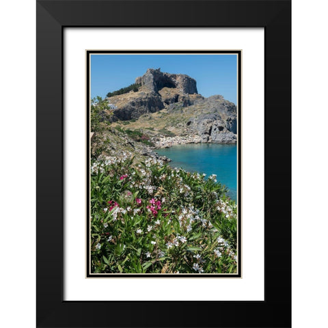 St Pauls Bay with the Acropolis of Lindos in the distance with the Temple of Athena Lindia Black Modern Wood Framed Art Print with Double Matting by Hopkins, Cindy Miller
