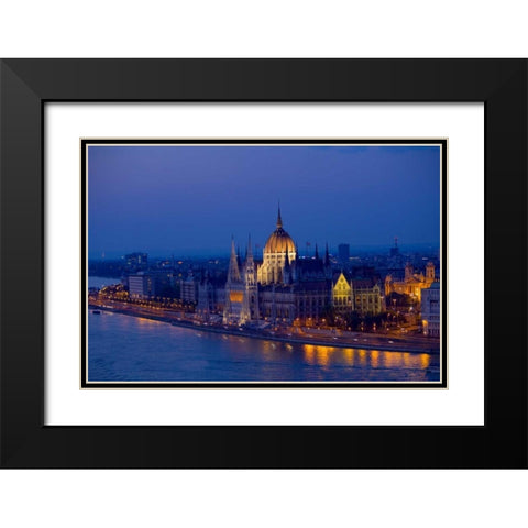 Hungary, Budapest Parliament Building and city Black Modern Wood Framed Art Print with Double Matting by Zuckerman, Jim