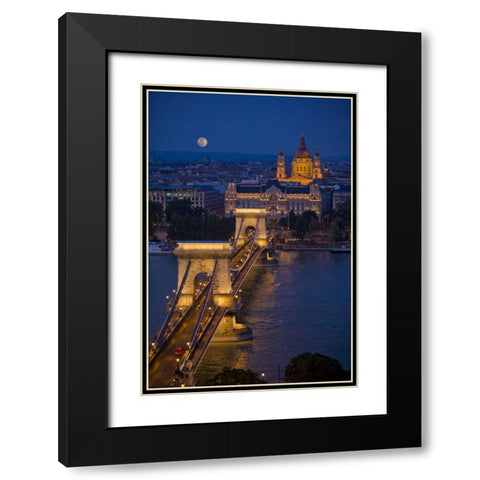 Hungary, Budapest Chain Bridge lit at night Black Modern Wood Framed Art Print with Double Matting by Zuckerman, Jim
