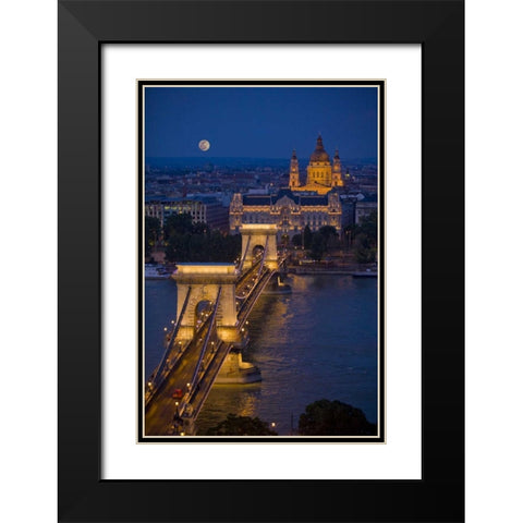 Hungary, Budapest Chain Bridge lit at night Black Modern Wood Framed Art Print with Double Matting by Zuckerman, Jim