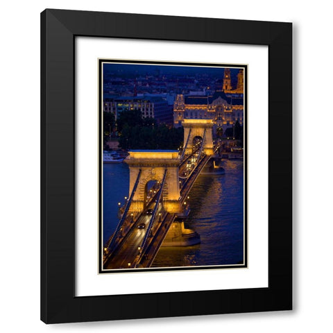 Hungary, Budapest Chain Bridge lit at night Black Modern Wood Framed Art Print with Double Matting by Zuckerman, Jim