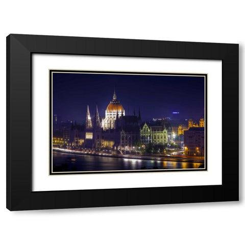 Hungary, Budapest Parliament Building at night Black Modern Wood Framed Art Print with Double Matting by Zuckerman, Jim