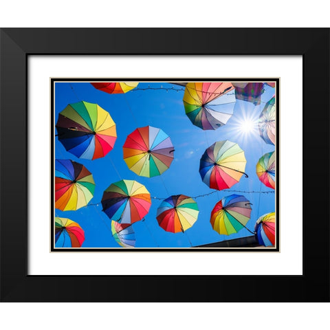 Alley of the Old Town with umbrellas. The town Szentendre near Budapest- Hungary Black Modern Wood Framed Art Print with Double Matting by Zwick, Martin
