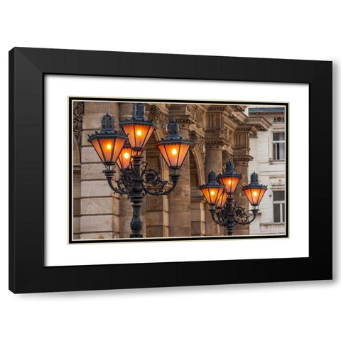 Hungary-Budapest-Streetlights Black Modern Wood Framed Art Print with Double Matting by Haseltine, Tom