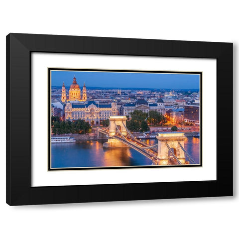 Hungary-Budapest-Szechenyi Chain Bridge across the Danube River-illuminated at night-built between  Black Modern Wood Framed Art Print with Double Matting by Haseltine, Tom