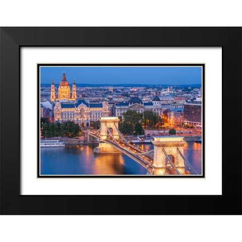 Hungary-Budapest-Szechenyi Chain Bridge across the Danube River-illuminated at night-built between  Black Modern Wood Framed Art Print with Double Matting by Haseltine, Tom