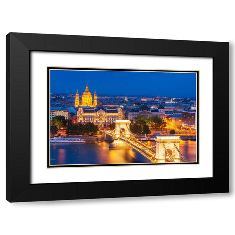 Hungary-Budapest-Szechenyi Chain Bridge across the Danube River-illuminated at night-built between  Black Modern Wood Framed Art Print with Double Matting by Haseltine, Tom