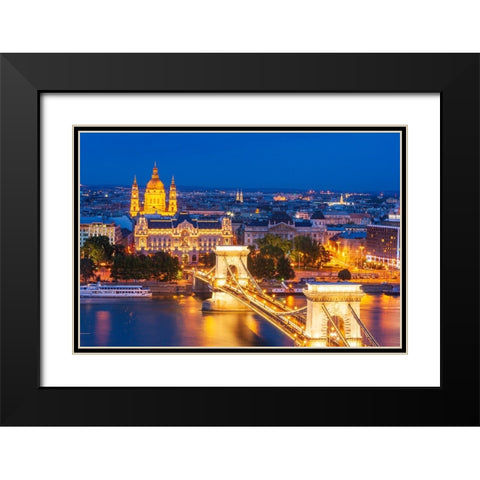 Hungary-Budapest-Szechenyi Chain Bridge across the Danube River-illuminated at night-built between  Black Modern Wood Framed Art Print with Double Matting by Haseltine, Tom