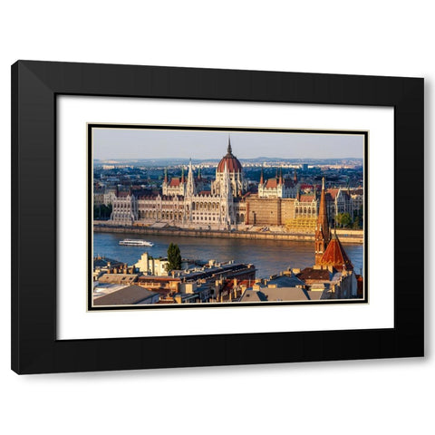 Tour boat passes Hungarys Parliament-built between 1884-1902 is the countrys largest building-It ha Black Modern Wood Framed Art Print with Double Matting by Haseltine, Tom