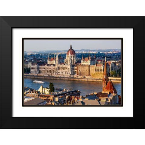 Tour boat passes Hungarys Parliament-built between 1884-1902 is the countrys largest building-It ha Black Modern Wood Framed Art Print with Double Matting by Haseltine, Tom