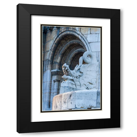 Hungary-Budapest-Dragon statue at Fishermans Bastion building Black Modern Wood Framed Art Print with Double Matting by Haseltine, Tom