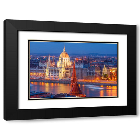 View of Parliament Buildings along Danube River at dusk-Budapest-Capital of Hungary-Europe Black Modern Wood Framed Art Print with Double Matting by Haseltine, Tom
