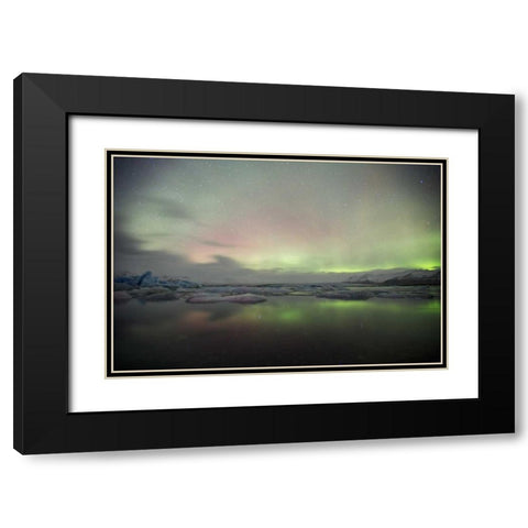 Iceland, Jokulsarlon Aurora lights over a lagoon Black Modern Wood Framed Art Print with Double Matting by Anon, Josh
