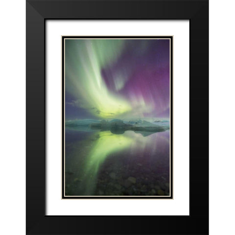 Iceland, Jokulsarlon Aurora lights over a lagoon Black Modern Wood Framed Art Print with Double Matting by Anon, Josh