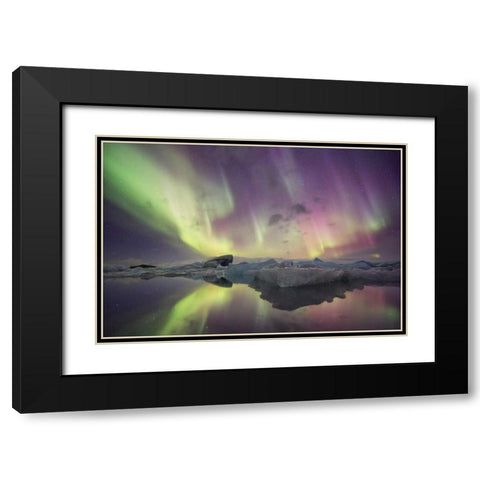 Iceland, Jokulsarlon Aurora lights over a lagoon Black Modern Wood Framed Art Print with Double Matting by Anon, Josh