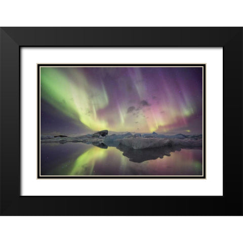 Iceland, Jokulsarlon Aurora lights over a lagoon Black Modern Wood Framed Art Print with Double Matting by Anon, Josh