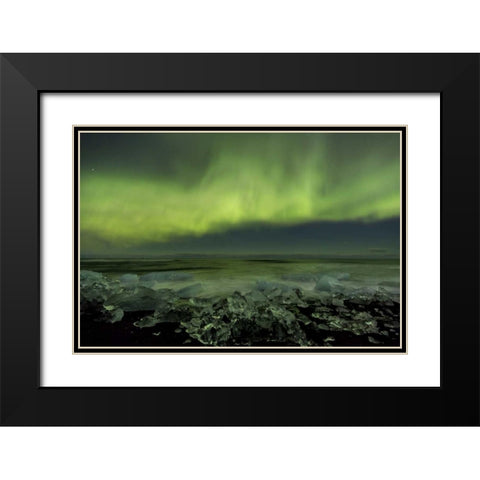 Iceland, Jokulsarlon Aurora borealis and ocean Black Modern Wood Framed Art Print with Double Matting by Young, Bill
