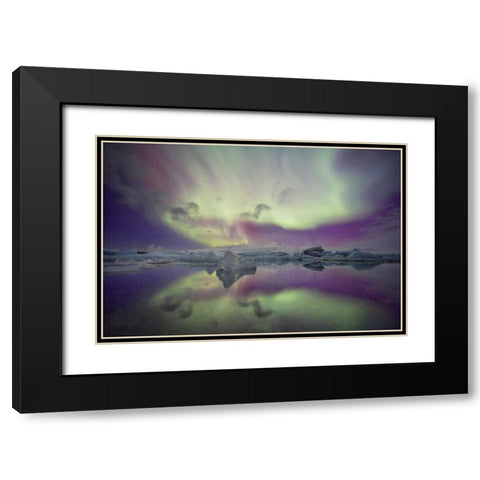Iceland, Jokulsarlon Aurora lights over a lagoon Black Modern Wood Framed Art Print with Double Matting by Anon, Josh