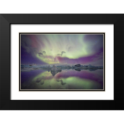 Iceland, Jokulsarlon Aurora lights over a lagoon Black Modern Wood Framed Art Print with Double Matting by Anon, Josh