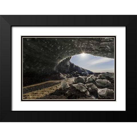 Iceland Sunburst at ice cave entrance Black Modern Wood Framed Art Print with Double Matting by Young, Bill