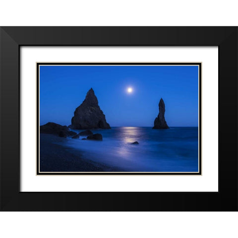 Iceland, Reynisdrangur Moon reflection on ocean Black Modern Wood Framed Art Print with Double Matting by Kirkland, Dennis