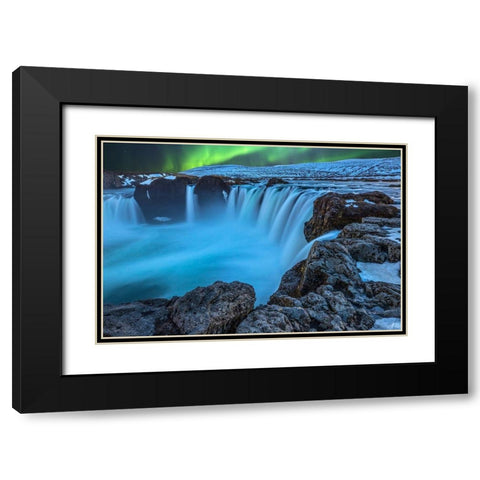 Iceland Aurora borealis and the Godafoss Waterfall Black Modern Wood Framed Art Print with Double Matting by Jaynes Gallery