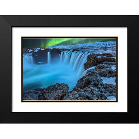 Iceland Aurora borealis and the Godafoss Waterfall Black Modern Wood Framed Art Print with Double Matting by Jaynes Gallery