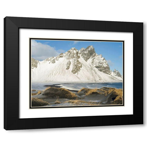 Coastal landscape with dunes at iconic Stokksnes during winter and stormy conditions Iceland Black Modern Wood Framed Art Print with Double Matting by Zwick, Martin