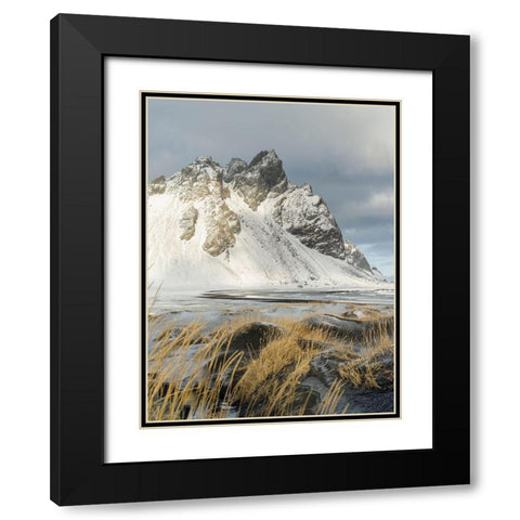 Coastal landscape with dunes at iconic Stokksnes during winter and stormy conditions Iceland Black Modern Wood Framed Art Print with Double Matting by Zwick, Martin