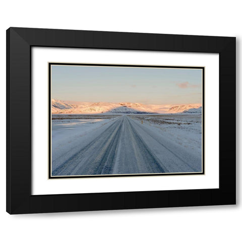 Landscape with country road near Hoffell during winter in Hornafjoerdur area Black Modern Wood Framed Art Print with Double Matting by Zwick, Martin