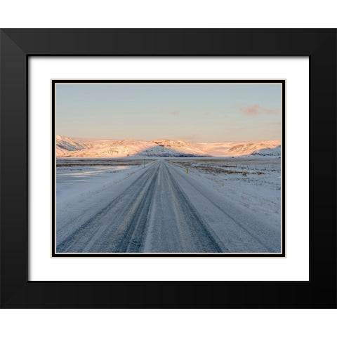 Landscape with country road near Hoffell during winter in Hornafjoerdur area Black Modern Wood Framed Art Print with Double Matting by Zwick, Martin