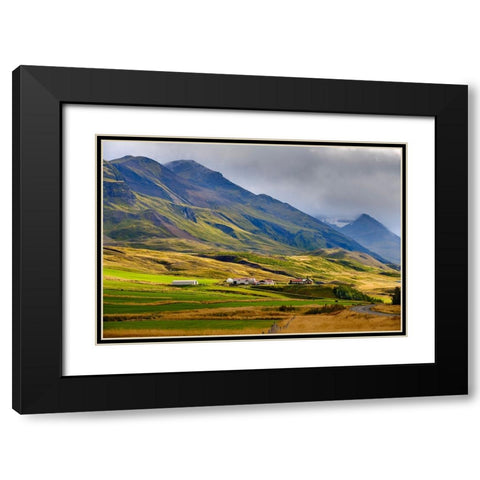 Mountains towering over Oxnadalur with road climbing up to Oxnadalsheidi. Europe- Iceland Black Modern Wood Framed Art Print with Double Matting by Zwick, Martin
