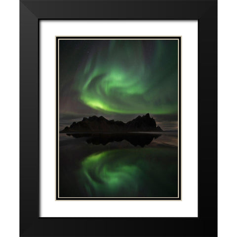Northern Lights above Vestrahorn beach near Hofn in the southeast of Iceland Black Modern Wood Framed Art Print with Double Matting by Steve Mohlenkamp