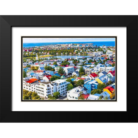 Small Tjornin Lake blue Ocean Sea Colorful blue red white green Houses Streets-Reykjavik-Iceland Black Modern Wood Framed Art Print with Double Matting by Perry, William