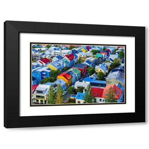 Colorful red green blue yellow Houses Cars Streets-Reykjavik-Iceland Black Modern Wood Framed Art Print with Double Matting by Perry, William