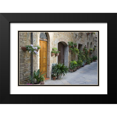 Italy, Pienza Potted plants line narrow streets Black Modern Wood Framed Art Print with Double Matting by Flaherty, Dennis