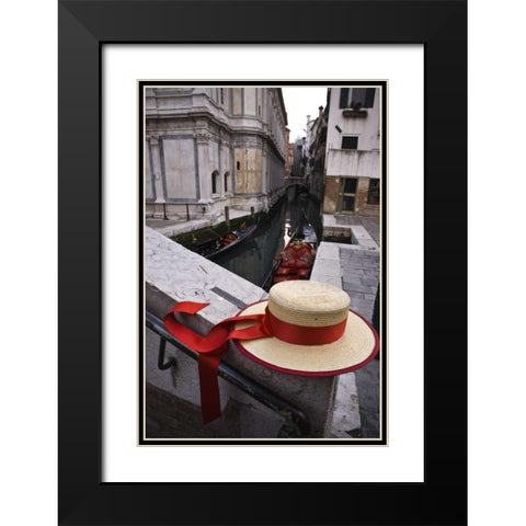 Italy, Venice Gondoliers hat and gondolas Black Modern Wood Framed Art Print with Double Matting by Kaveney, Wendy