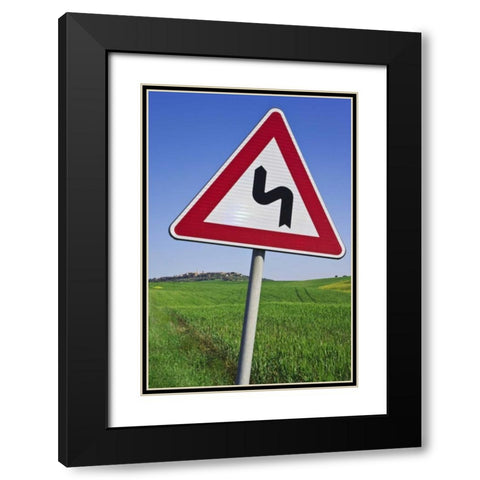Italy, Tuscany, Pienza Road sign warning Black Modern Wood Framed Art Print with Double Matting by Flaherty, Dennis