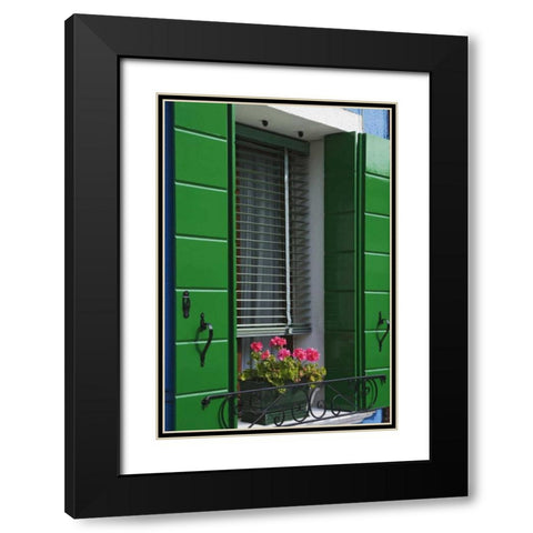 Italy, Venice Flowerbox and window shutters Black Modern Wood Framed Art Print with Double Matting by Flaherty, Dennis