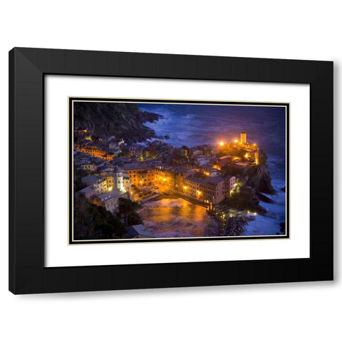 Italy, Vernazza, Cinque Terra City lit at night Black Modern Wood Framed Art Print with Double Matting by Zuckerman, Jim