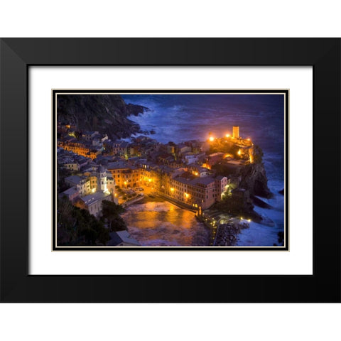 Italy, Vernazza, Cinque Terra City lit at night Black Modern Wood Framed Art Print with Double Matting by Zuckerman, Jim