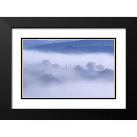 Italy, Tuscany, Pienza Morning fog over town Black Modern Wood Framed Art Print with Double Matting by Delisle, Gilles