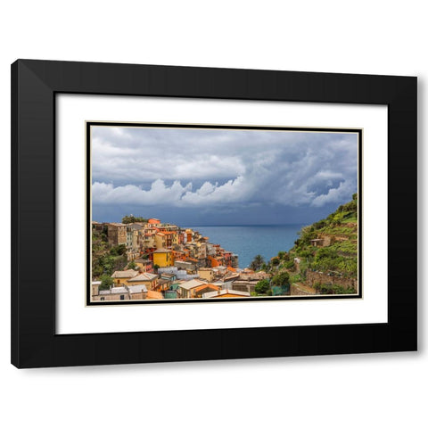 Europe-Italy-Manarola-Landscape with town and ocean Black Modern Wood Framed Art Print with Double Matting by Jaynes Gallery