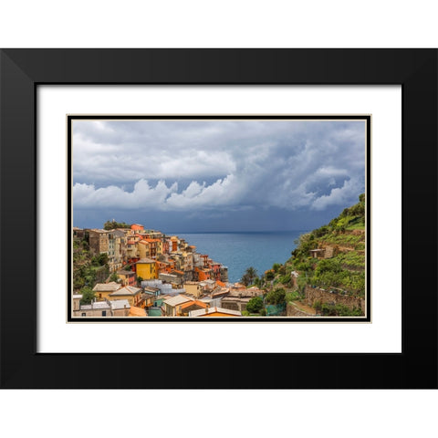 Europe-Italy-Manarola-Landscape with town and ocean Black Modern Wood Framed Art Print with Double Matting by Jaynes Gallery