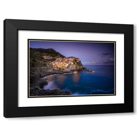 Europe-Italy-Manarola-Sunset coastline with town and ocean Black Modern Wood Framed Art Print with Double Matting by Jaynes Gallery