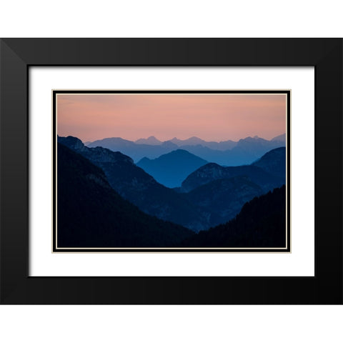 Europe-Italy-Friuli Venezia Giulia-Foggy Monte Lussari mountain at sunset Black Modern Wood Framed Art Print with Double Matting by Jaynes Gallery