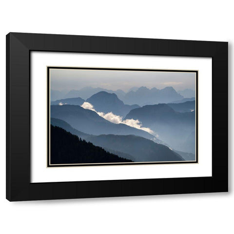 Europe-Italy-Friuli Venezia Giulia-Foggy Monte Lussari mountain at sunset Black Modern Wood Framed Art Print with Double Matting by Jaynes Gallery