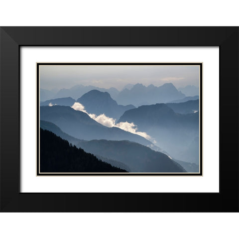 Europe-Italy-Friuli Venezia Giulia-Foggy Monte Lussari mountain at sunset Black Modern Wood Framed Art Print with Double Matting by Jaynes Gallery